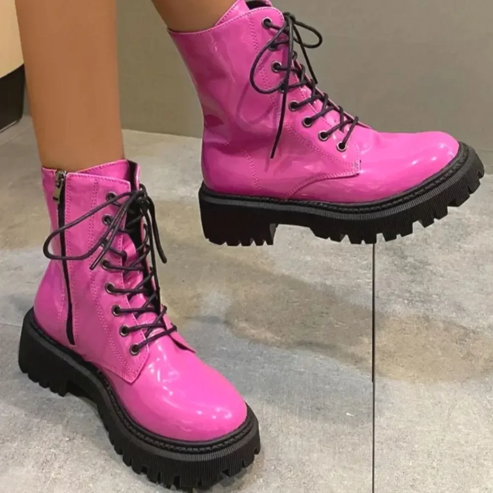 Ladies Neon Pink Combat Boots sz 8